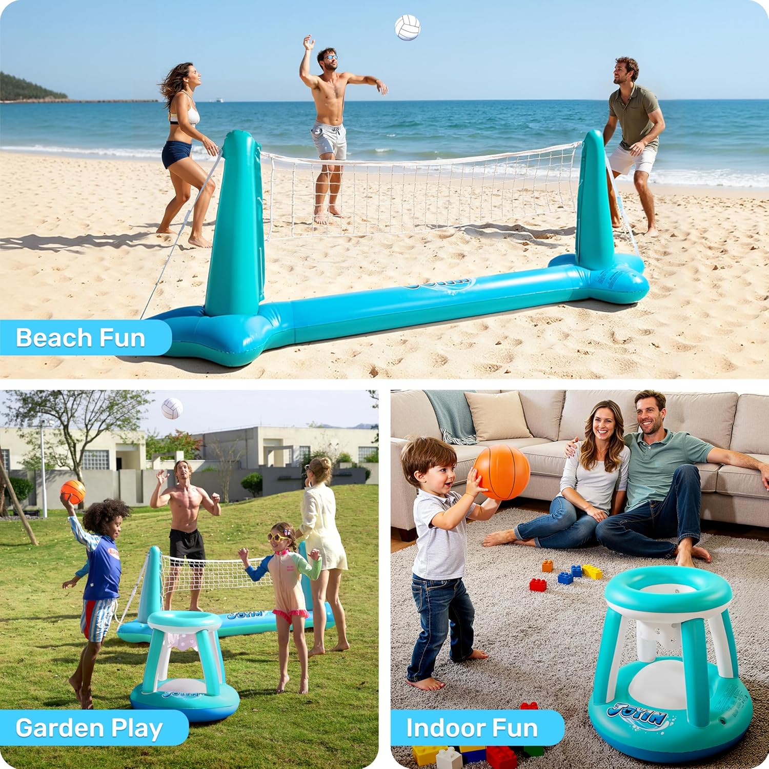 JOYIN Inflatable Pool Float Set Volleyball Net & Basketball Hoops, Balls Included for Kids and Adults Swimming Game Toy, Summer Floaties, Volleyball Court |Basketball Quick Pick Grocers