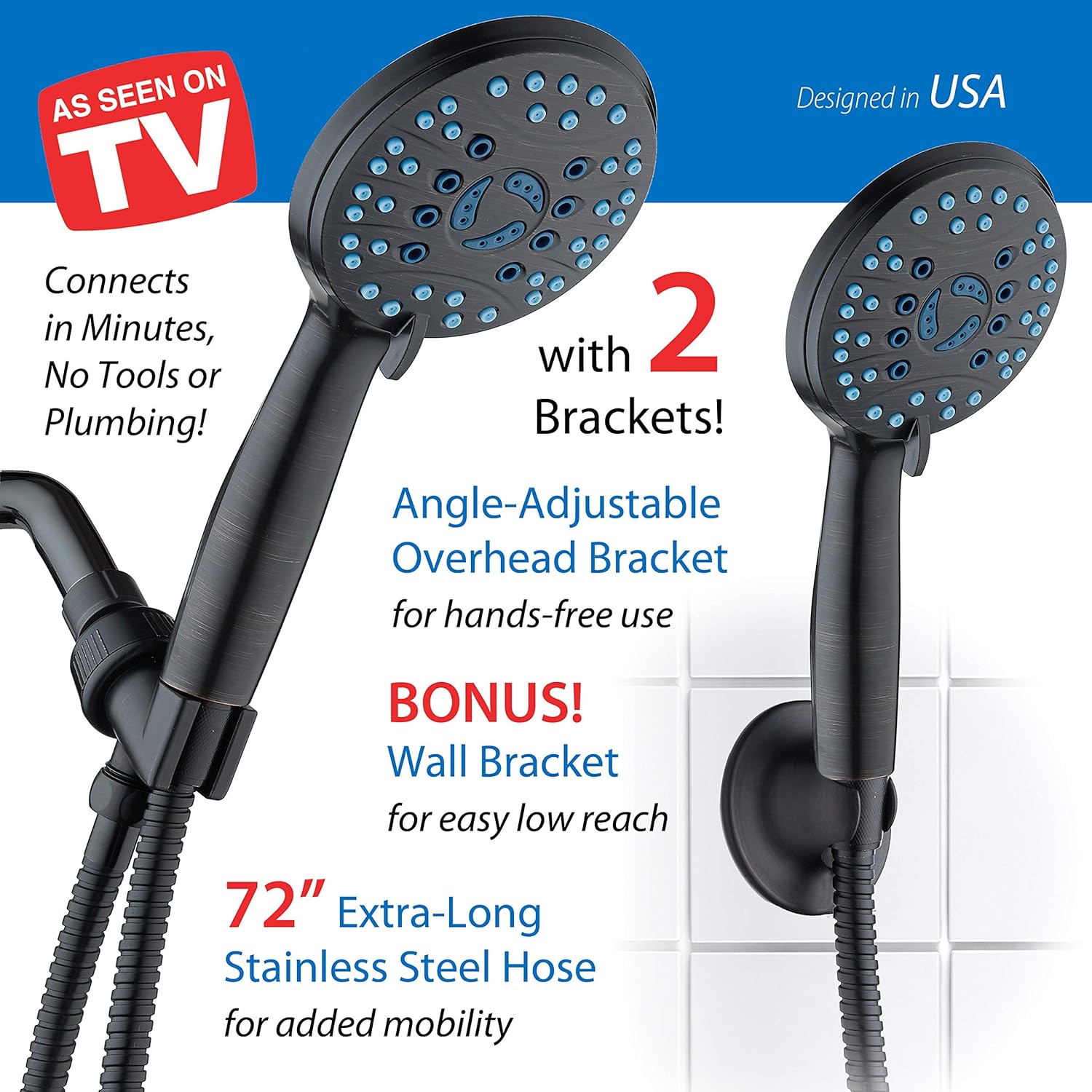 Hotel Spa AquaCare High Pressure 8-mode Handheld Shower Head, Anti-clog Nozzles - Built-in Power Wash to Clean Tub, Tile & Pets, Extra Long 6 ft. Stainless Steel Hose, Wall & Overhead Brackets Quick Pick Grocers