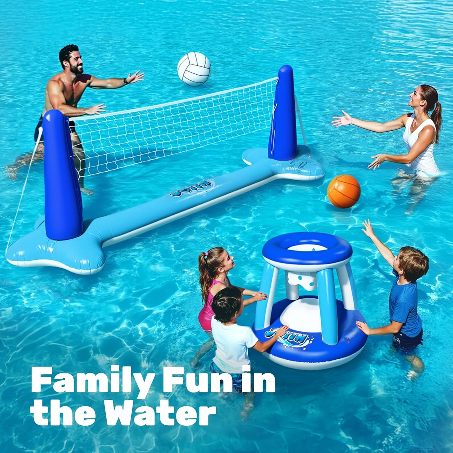 JOYIN Inflatable Pool Float Set Volleyball Net & Basketball Hoops, Balls Included for Kids and Adults Swimming Game Toy, Summer Floaties, Volleyball Court |Basketball Quick Pick Grocers