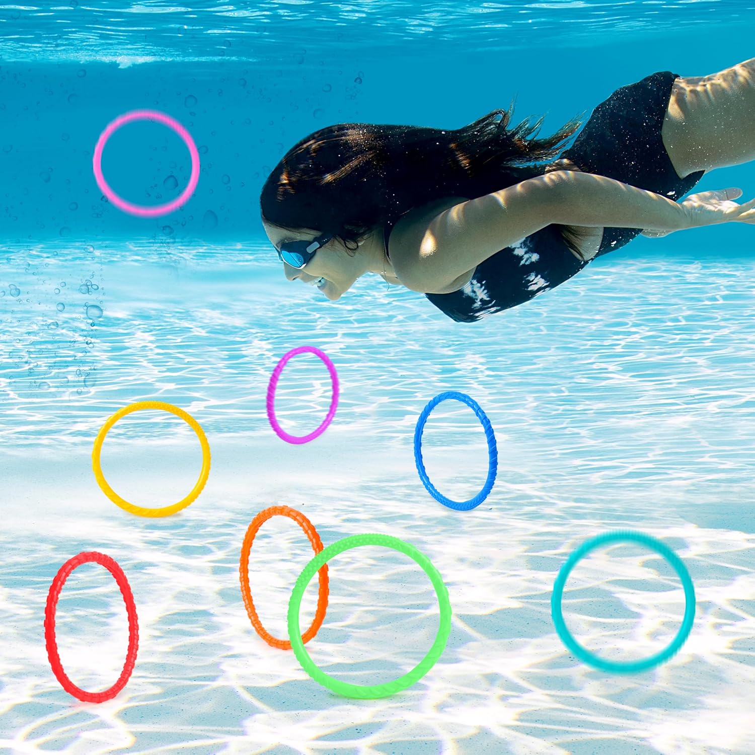 JOYIN Dive Circles Pool Toys, 8 Pcs Colorful Pool Rings for Kids, Underwater Training Swimming Diving Toy for Kids Gifts Summer Swim Water Fun Games Quick Pick Grocers