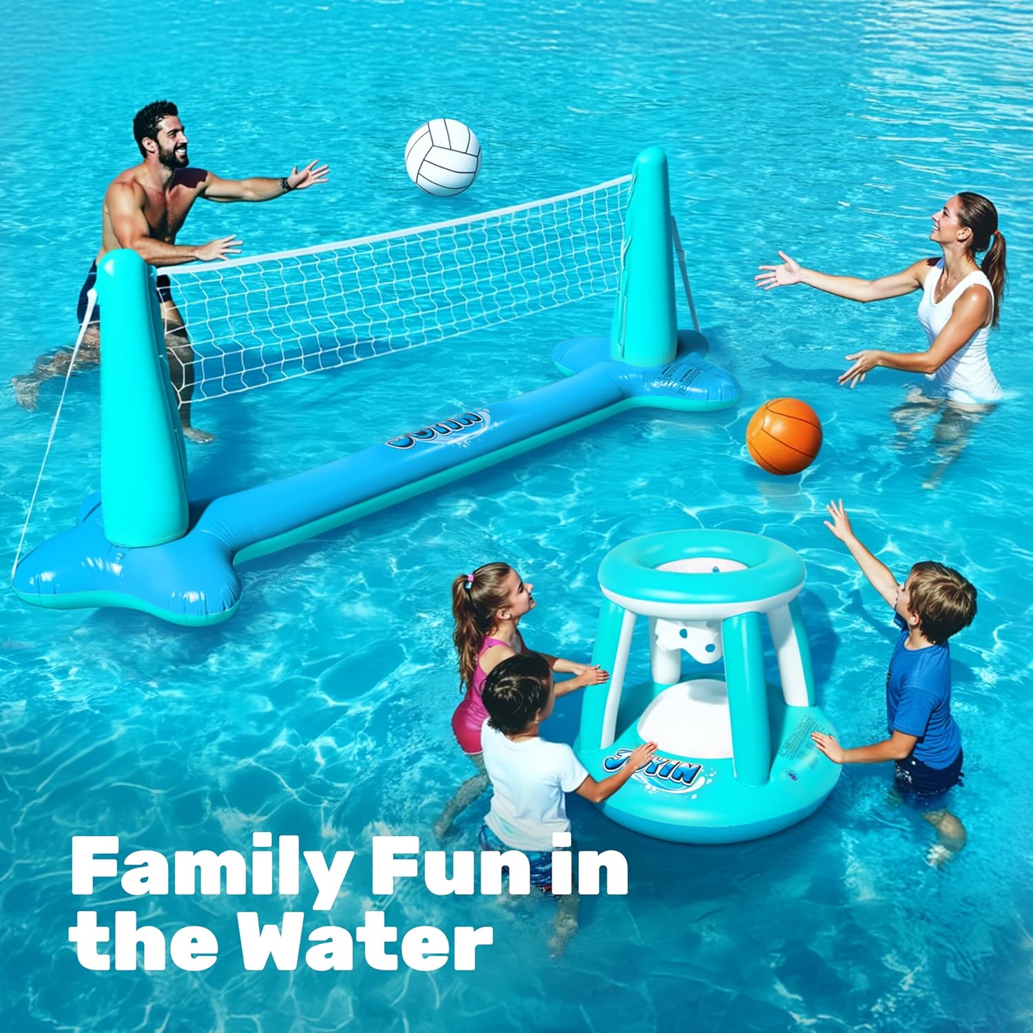 JOYIN Inflatable Pool Float Set Volleyball Net & Basketball Hoops, Balls Included for Kids and Adults Swimming Game Toy, Summer Floaties, Volleyball Court |Basketball Quick Pick Grocers