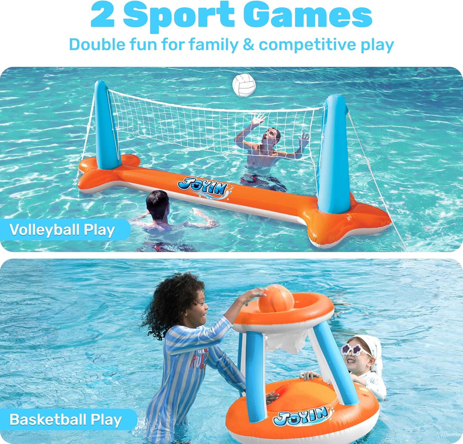 JOYIN Inflatable Pool Float Set Volleyball Net & Basketball Hoops, Balls Included for Kids and Adults Swimming Game Toy, Summer Floaties, Volleyball Court |Basketball Quick Pick Grocers