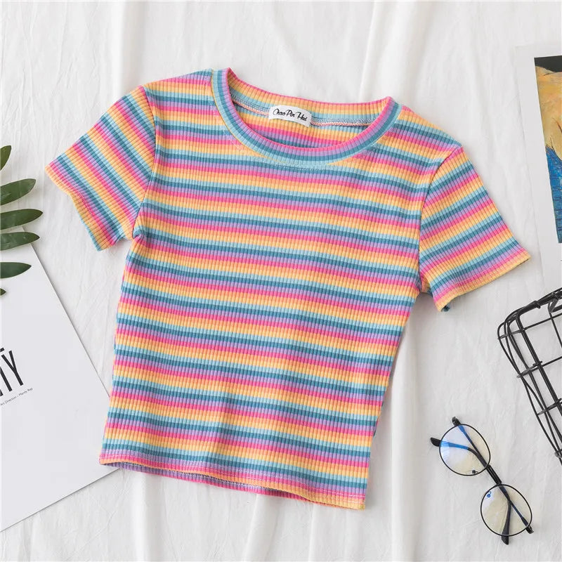 New T Shirt Women Rainbow Striped Tops Slim Fit t shirt Harajuku Tshirt Summer Short Sleeve Korean T-shirt feminina Clothes Tops Quick Pick Grocers