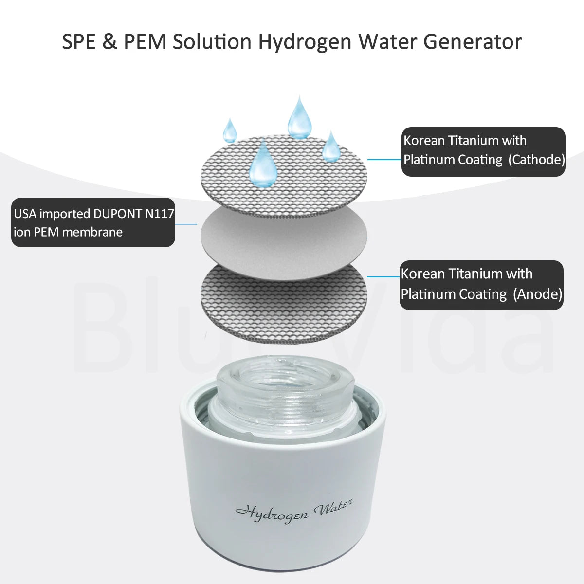 Bluevida Hydrogen Water Generator Bottle - Glass Cupbody - DuPont SPE & PEM Dual Chamber Maker Ionizer - H2 Inhalation Device Quick Pick Grocers