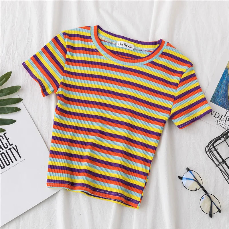 New T Shirt Women Rainbow Striped Tops Slim Fit t shirt Harajuku Tshirt Summer Short Sleeve Korean T-shirt feminina Clothes Tops Quick Pick Grocers