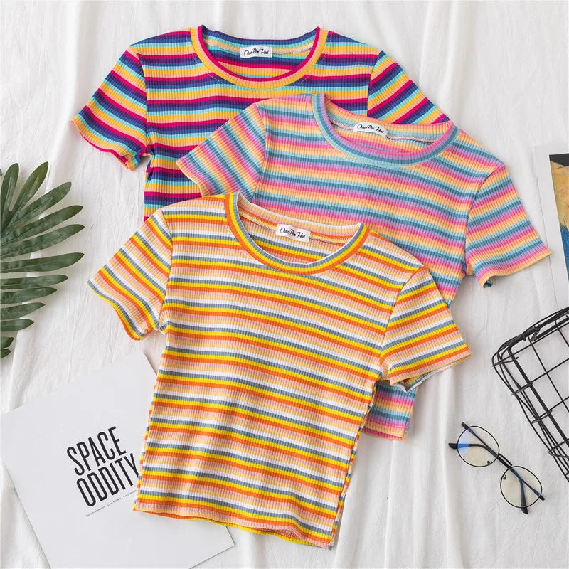 New T Shirt Women Rainbow Striped Tops Slim Fit t shirt Harajuku Tshirt Summer Short Sleeve Korean T-shirt feminina Clothes Tops Quick Pick Grocers