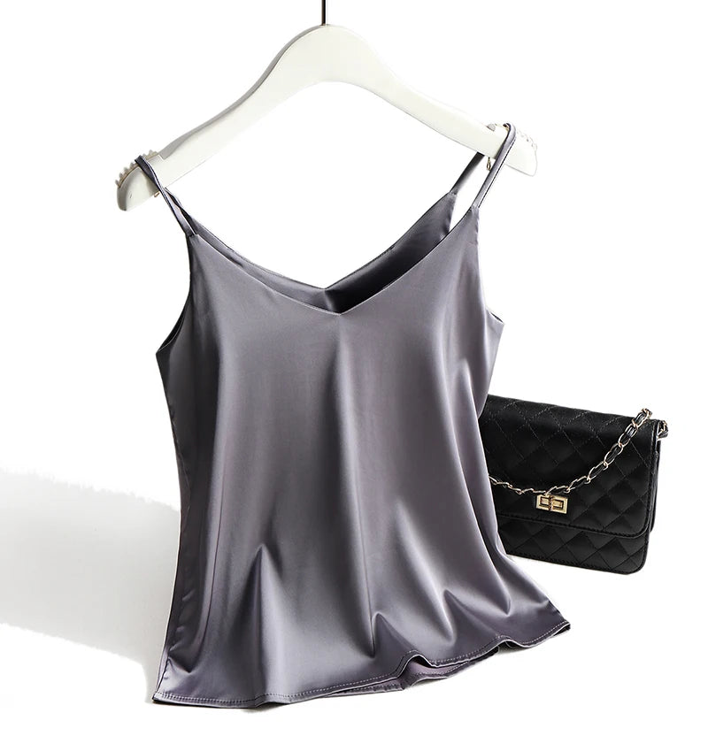 AOSSVIAO 2026 Spaghetti Strap Top Women Halter V Neck Basic White Cami Sleeveless Satin Silk Tank Tops Women'S Summer Camisole Quick Pick Grocers