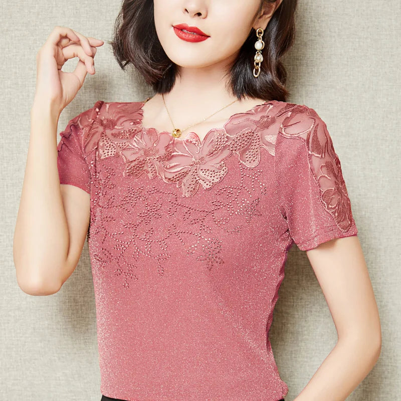 M-5XL Women T-Shirt 2026 New Lace Hollow Embroidery Mesh Tees Tops Fashion Casual Short Sleeve Hot Drilling Women's Shirt Quick Pick Grocers