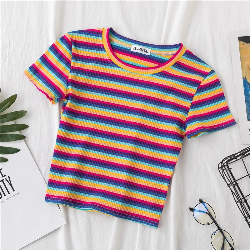 New T Shirt Women Rainbow Striped Tops Slim Fit t shirt Harajuku Tshirt Summer Short Sleeve Korean T-shirt feminina Clothes Tops Quick Pick Grocers