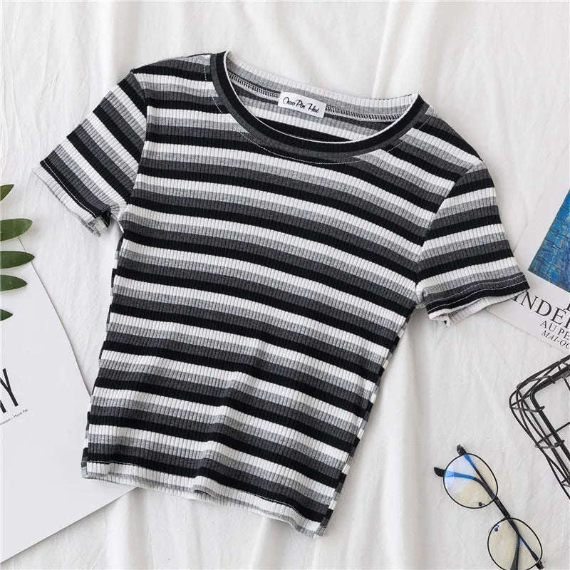 New T Shirt Women Rainbow Striped Tops Slim Fit t shirt Harajuku Tshirt Summer Short Sleeve Korean T-shirt feminina Clothes Tops Quick Pick Grocers