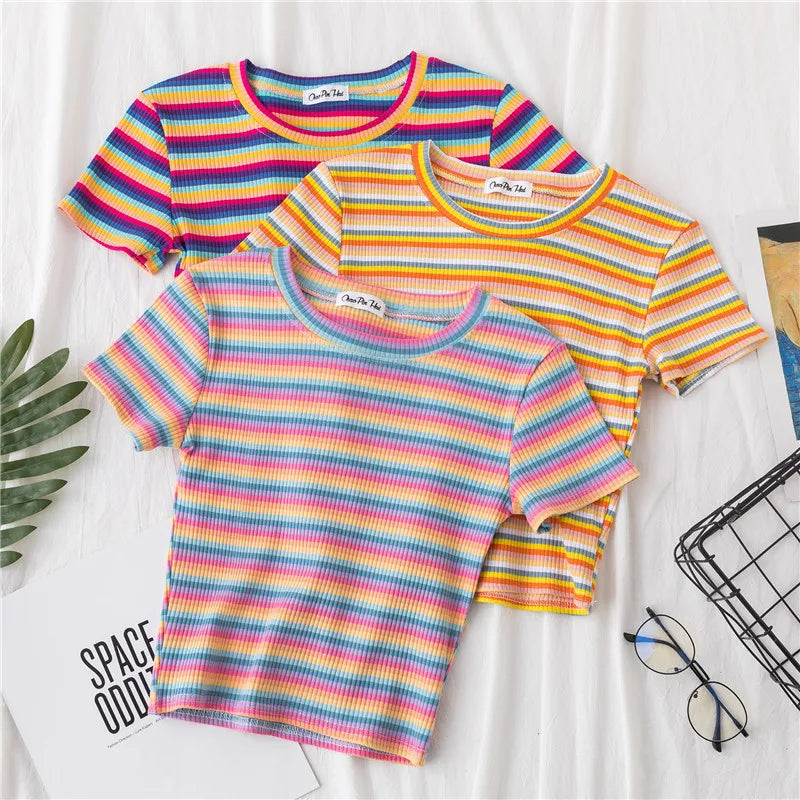 New T Shirt Women Rainbow Striped Tops Slim Fit t shirt Harajuku Tshirt Summer Short Sleeve Korean T-shirt feminina Clothes Tops Quick Pick Grocers