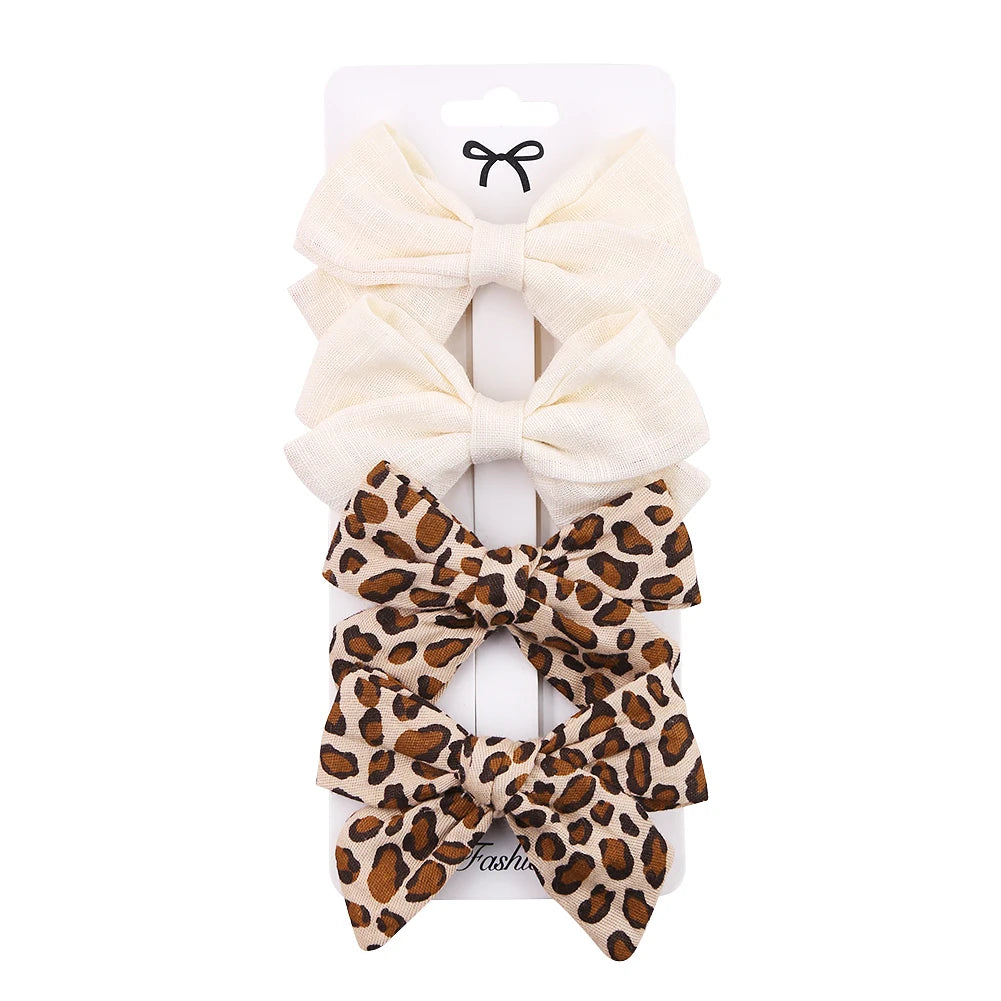 4Pcs/set Leopard Dot Print Bowknot Hair Bow Clips Baby Girls Lace Cotton Linen Barrettes Safety Hairpins Headwear Accessories Purest Peak