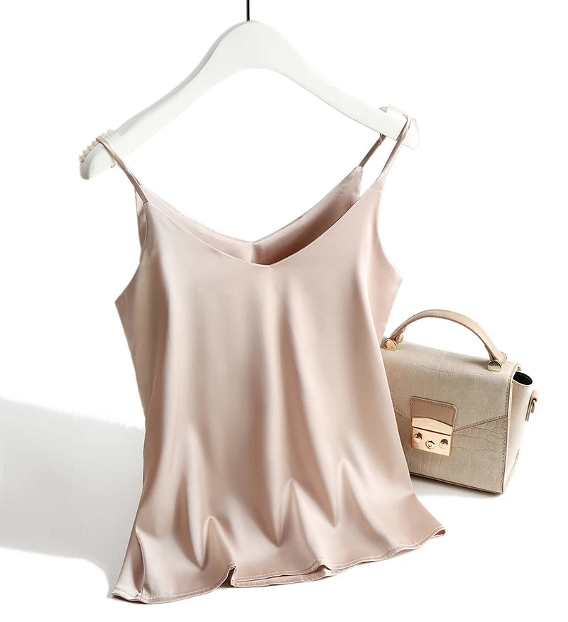 AOSSVIAO 2026 Spaghetti Strap Top Women Halter V Neck Basic White Cami Sleeveless Satin Silk Tank Tops Women'S Summer Camisole Quick Pick Grocers