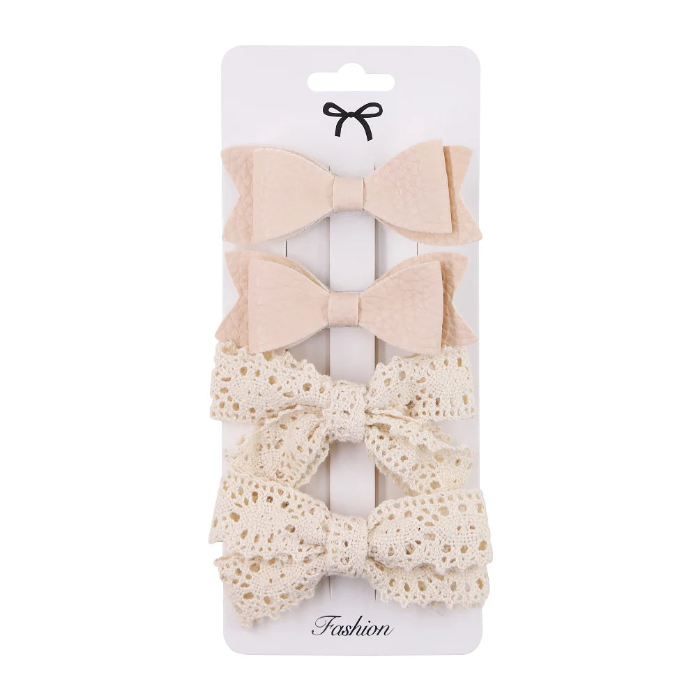 4Pcs/set Leopard Dot Print Bowknot Hair Bow Clips Baby Girls Lace Cotton Linen Barrettes Safety Hairpins Headwear Accessories Purest Peak
