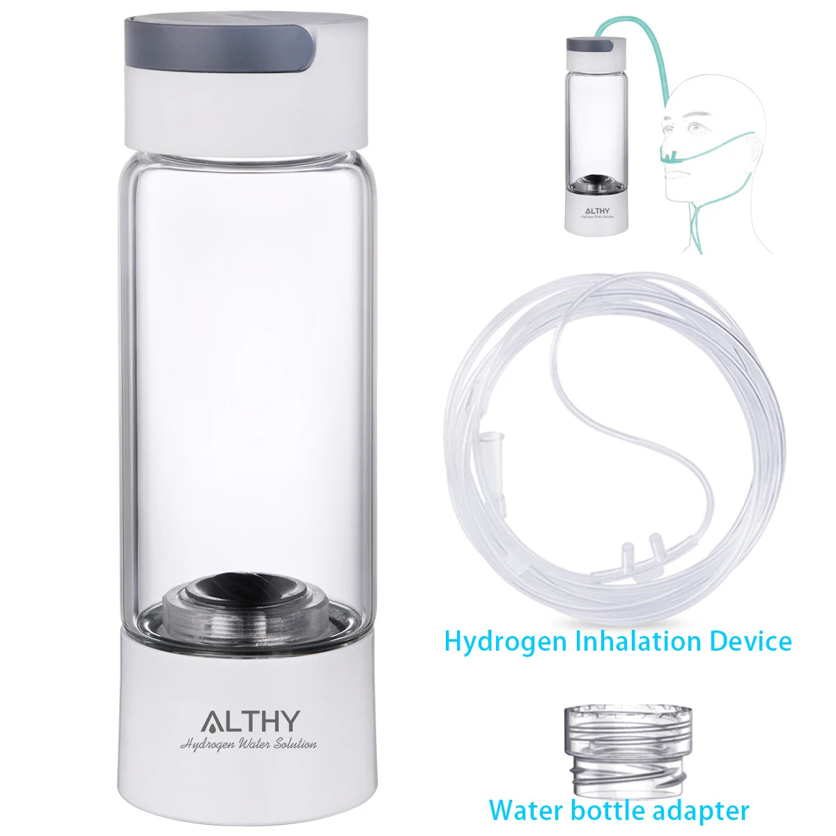 ALTHY Hydrogen Rich Water Generator Bottle - Glass Cupbody - DuPont SPE & PEM Dual Chamber Maker Ionizer - H2 Inhalation Device Quick Pick Grocers