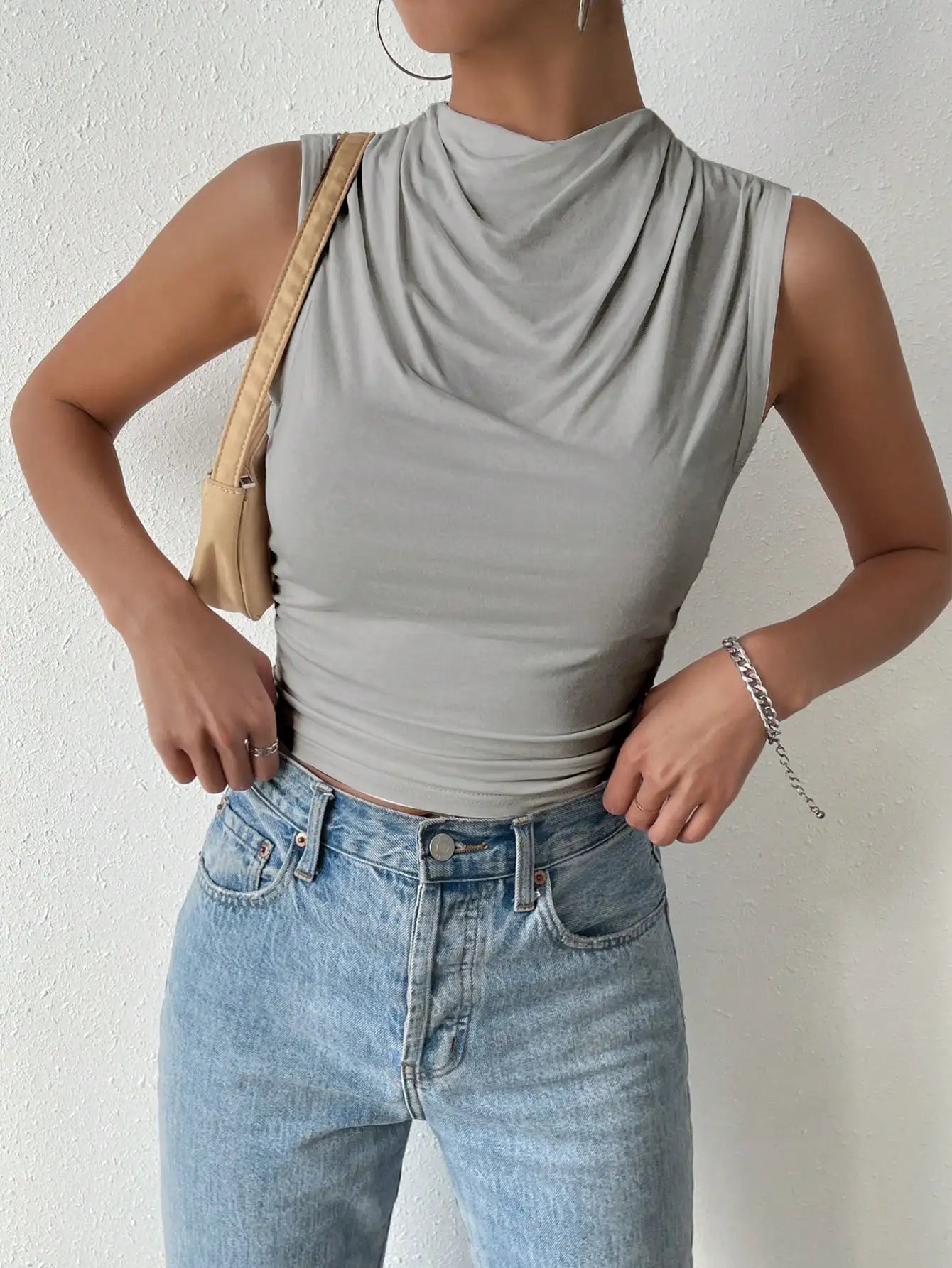 Women's Casual Pleated Design Top Summer Fashion Street Style Solid Color Slim Half High Neck Sleeveless T-Shirt Top Quick Pick Grocers