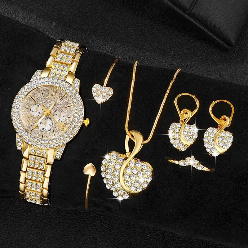 Women's Quartz Watch Gold Luxury Women Ring Necklace Earring Rhinestone Fashion Wristwatch Casual Ladies Watches Jewelry Set Quick Pick Grocers