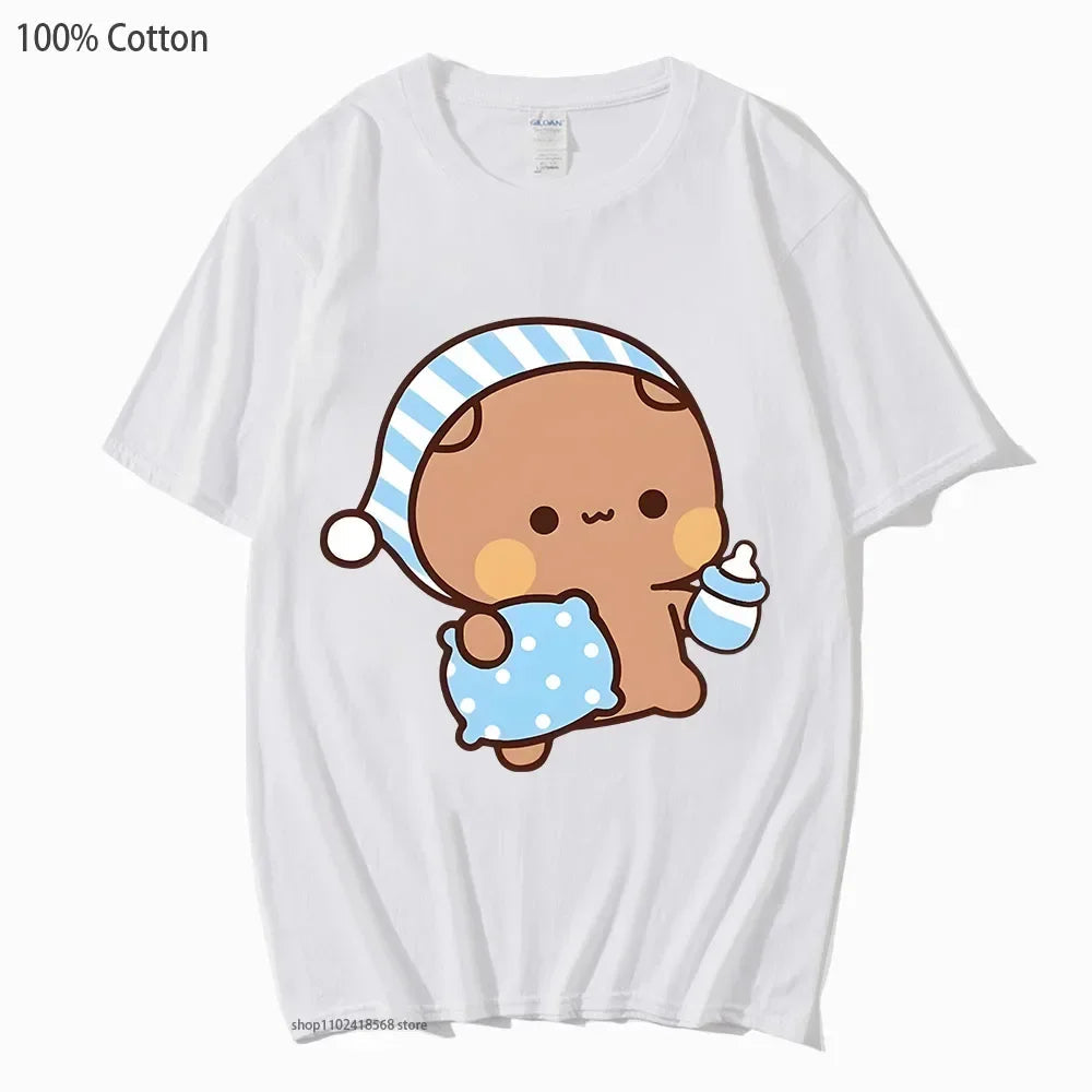 Couple Shirts Kawaii Cute BuBu Panda Going To Sleep with DuDu Bear Graphic Tshirt Cotton Men Women Clothes Long Sleeve Tees Quick Pick Grocers