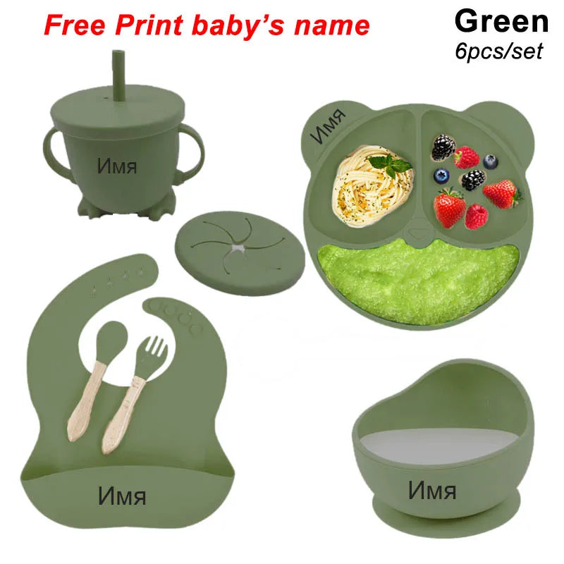 Baby Feeding Plate Sets Suction Bowl Silicone Plate For Kids 6Pcs Children Tableware Personalized Name Dinner Dishes Cups Spoon Purest Peak