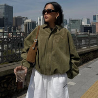 HXAO Women's Bomber Jacket Lapel Long Sleeve Zipper Suede Jacket Women 2025 High Street Cropped Racing Jackets Coats Outerwears Econic Blanks