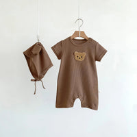 New In Summer Kids Baby Girls Boys Short Sleeve Waffle Patch Bear Infant Newborn Jumpsuits Cotton Romper Gift Hat with Ear Econic Blanks