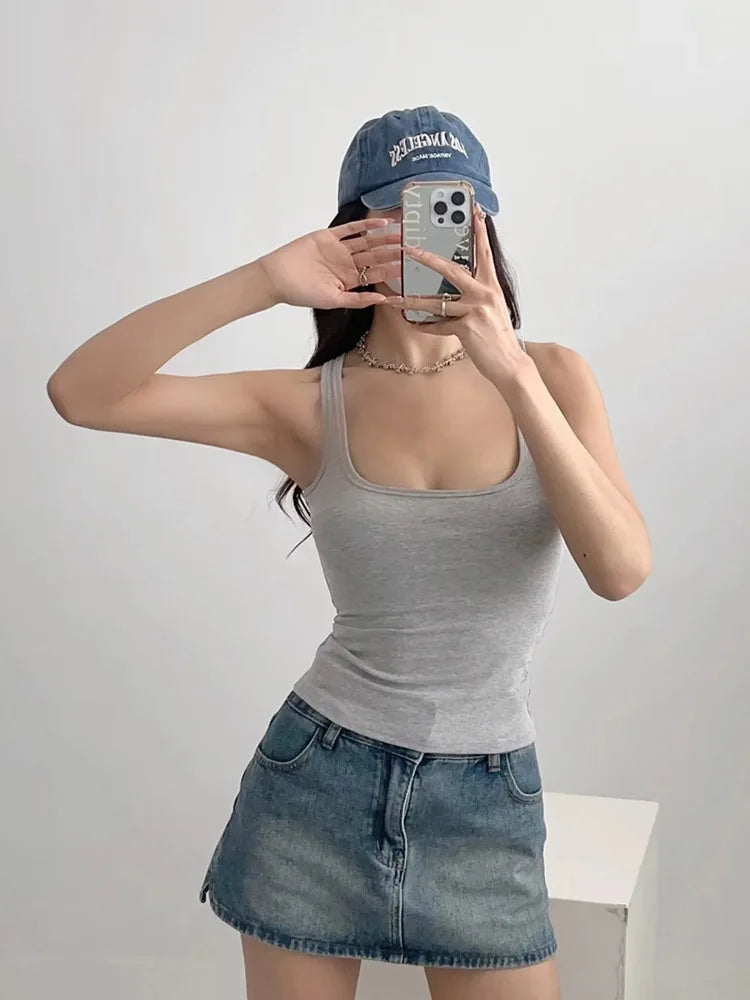Women's Sculpted Square Neck Tank Top Summer Slim Fit Workout Athletic Crop Tops for Women Quick Pick Grocers