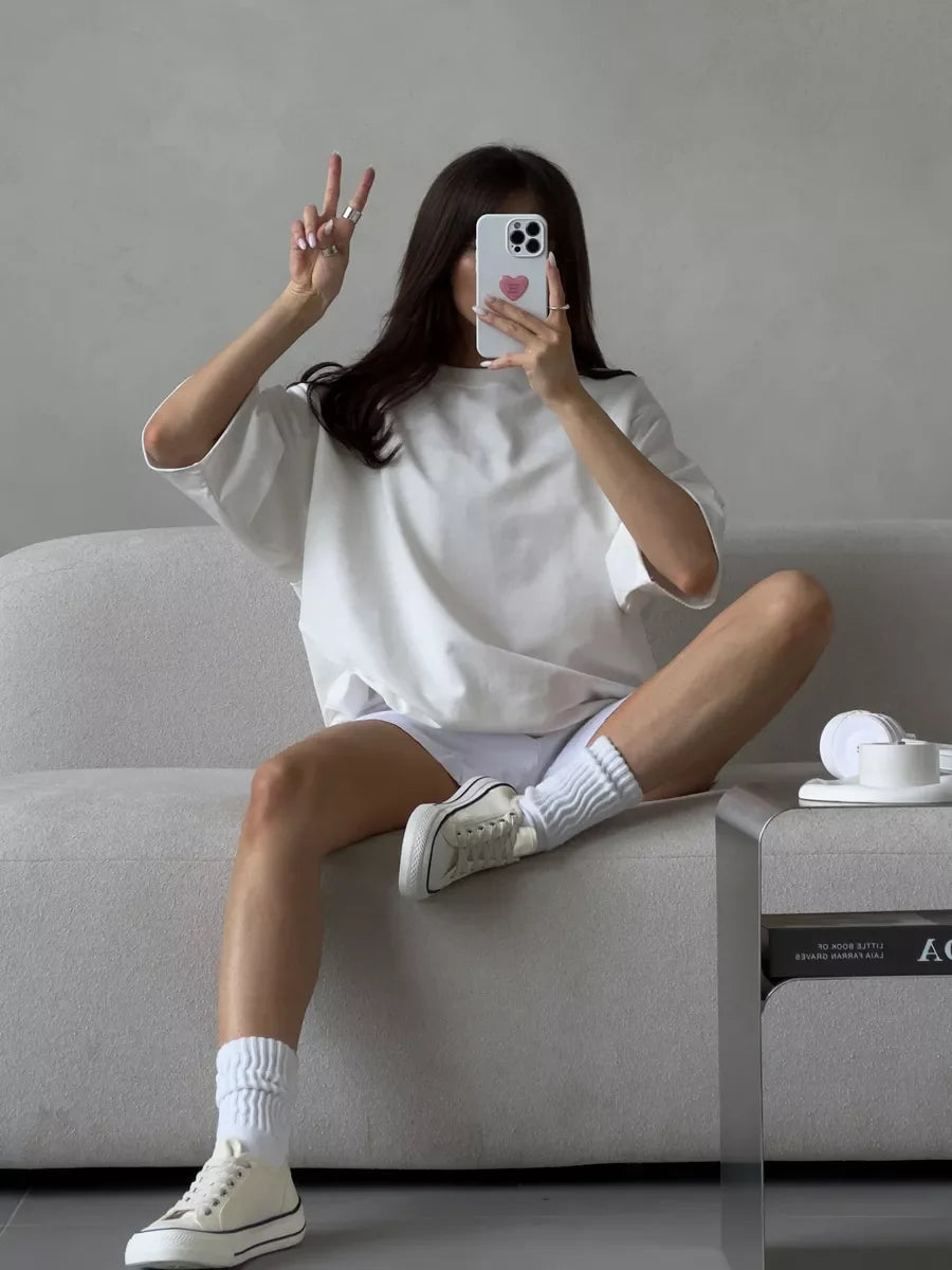 Hirsionsan Summer Casual Oversized T-shirts Women 100% Cotton Pink Loose Tees 2025 New Cusual Solid O Neck Female Aesthetic Tops Quick Pick Grocers