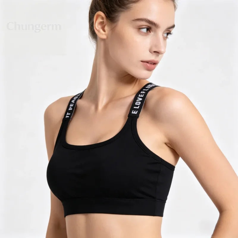 Sports Underwear Women Yoga Fitness Seamless Crop Top Wide Letter Straps Comfortable Workout Activewear Back Without Underwire I Quick Pick Grocers