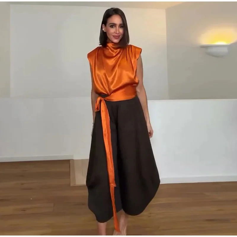 Women's Top 2026 Spring New Style Orange Sleeveless Satin Texture Long Ribbon Top Elegant and Stylish Unique Fashion Focus Quick Pick Grocers