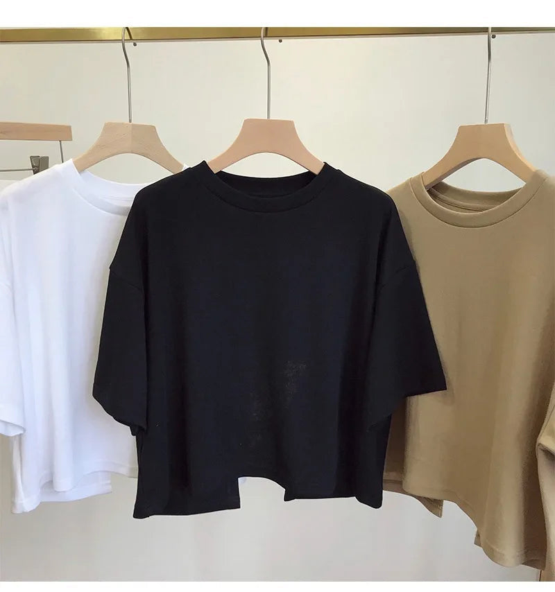 Summer New Ladies Casual Backless T-Shirt 2023 Korean Women Round Neck Loose Sweet Spicy Wind Short-Sleeved Crop Tops Quick Pick Grocers