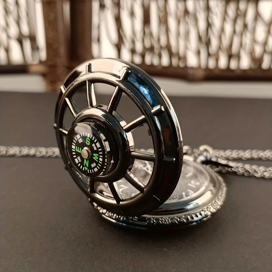 Vintage Black Compass Design Quartz Pocket Watch, With Necklace Pendant, World-Time Feature, Pointer Display Pocket Watch Quick Pick Grocers