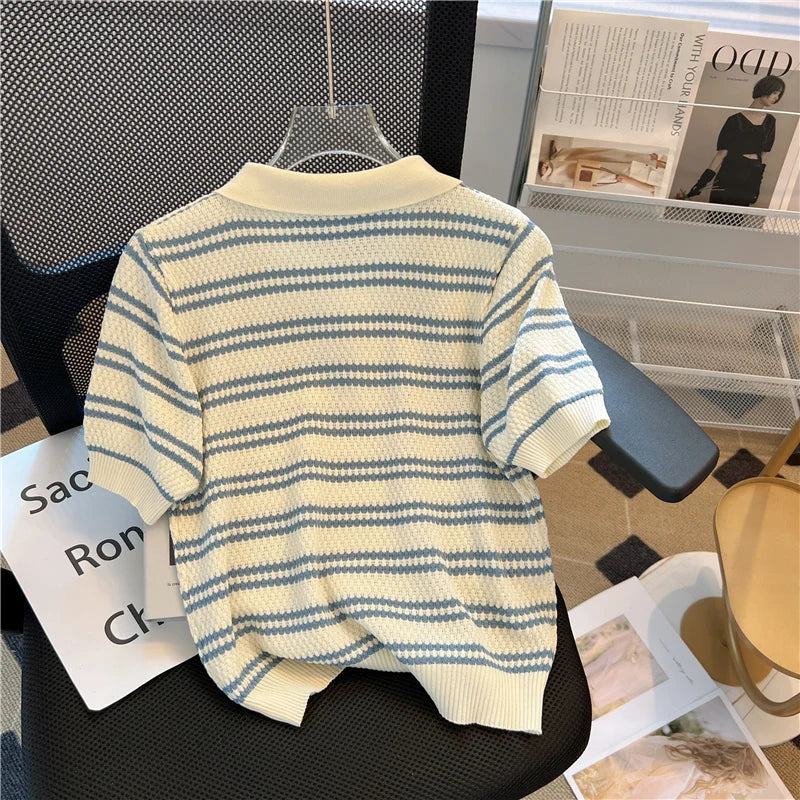 2025 Polo Neck New Womens Knitting T-Shirt Striped Short Sleeve Women T Shirt for Female Slim Tops Woman T Shirts Clothing S145 Quick Pick Grocers