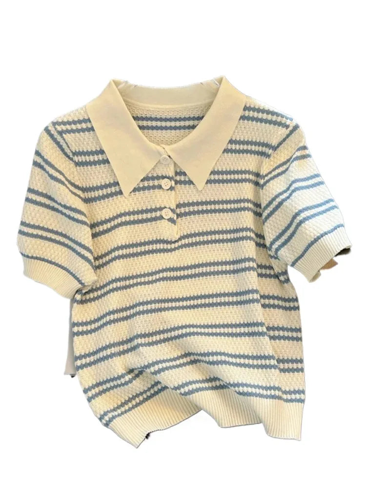 2025 Polo Neck New Womens Knitting T-Shirt Striped Short Sleeve Women T Shirt for Female Slim Tops Woman T Shirts Clothing S145 Quick Pick Grocers