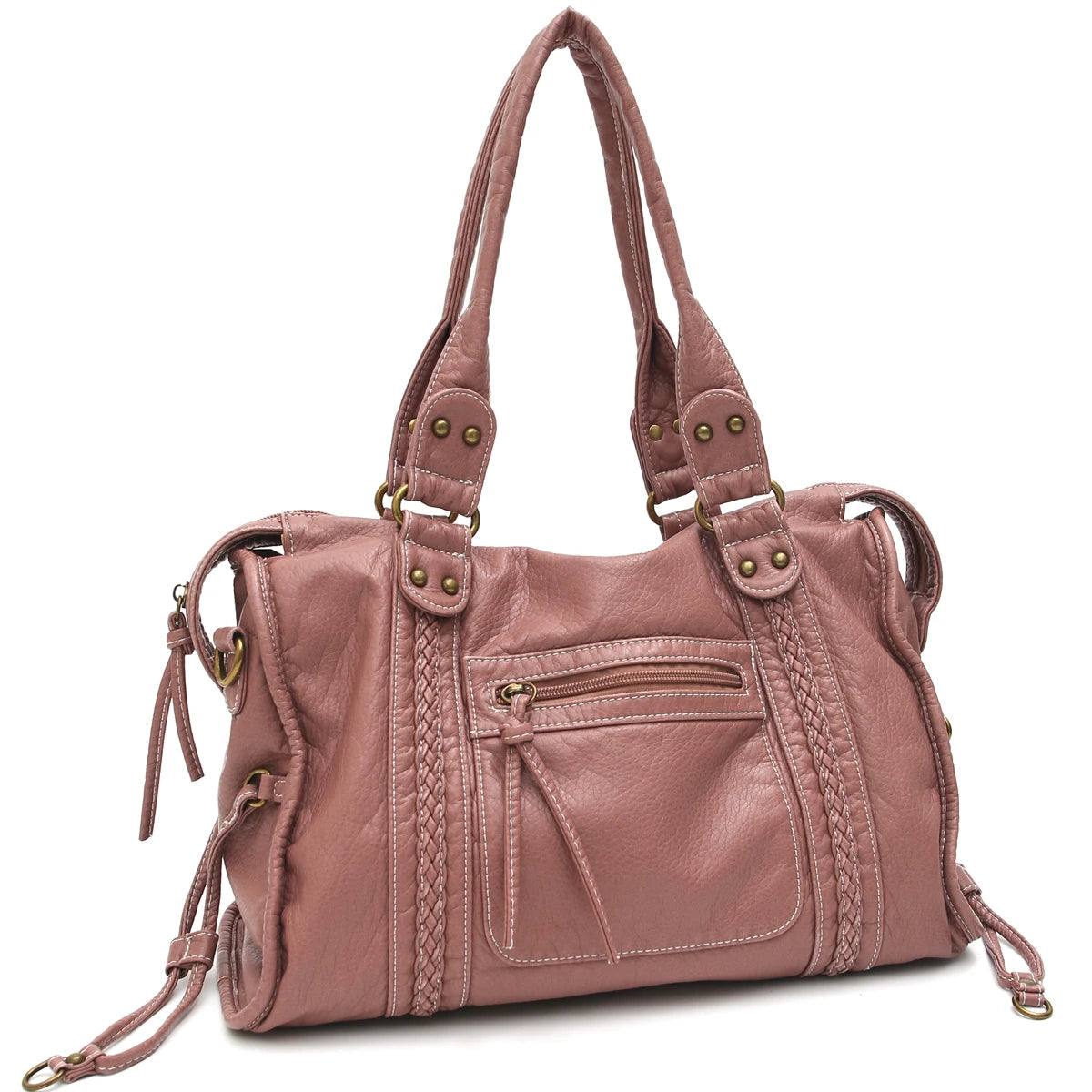 Vintage Washed PU Leather Large Capacity Tote Zip Pockets Braid Decor Shoulder Cross body Bag Unisex Women Daily Travel Handbag Quick Pick Grocers