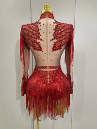 Women Sparkly Rhinestone Sequin Tassel Stretch Bodysuits 2025 New Arrival Birthday Party Nightclub Dj Stage Performance Costume Quick Pick Grocers
