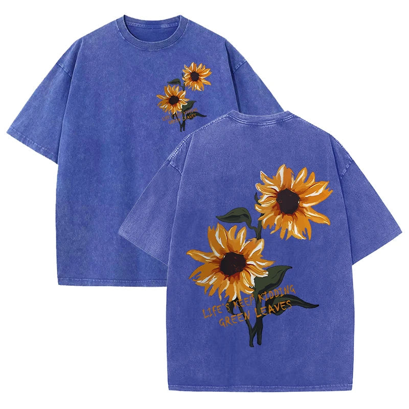 Lift Is Good Beautiful Sunflower Print Washed T Shirts Women Soft Cotton T-Shirt Street Creative Short Sleeve Summer Casual Tops Quick Pick Grocers