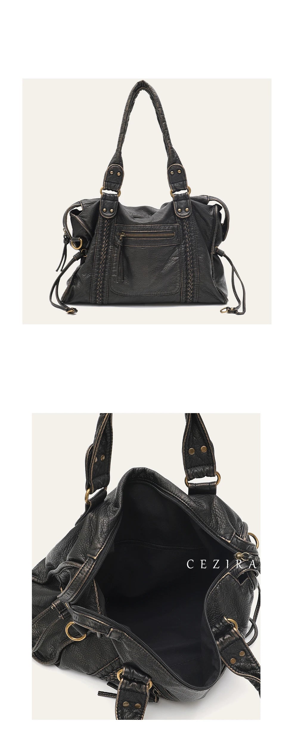 Vintage Washed PU Leather Large Capacity Tote Zip Pockets Braid Decor Shoulder Cross body Bag Unisex Women Daily Travel Handbag Quick Pick Grocers