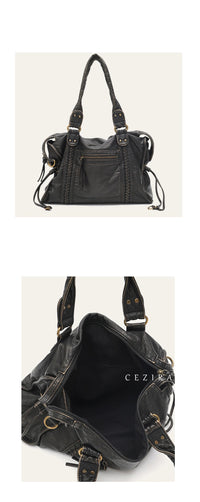 Vintage Washed PU Leather Large Capacity Tote Zip Pockets Braid Decor Shoulder Cross body Bag Unisex Women Daily Travel Handbag Quick Pick Grocers