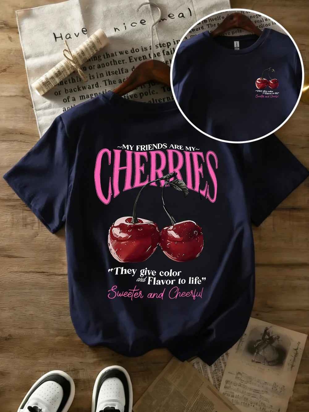Summer Sweeter Cherries Prints T-Shirts Womens Cotton Oversized T Shirts Basic O-Neck Short Sleeve Tops Casual Woman Clothes Quick Pick Grocers