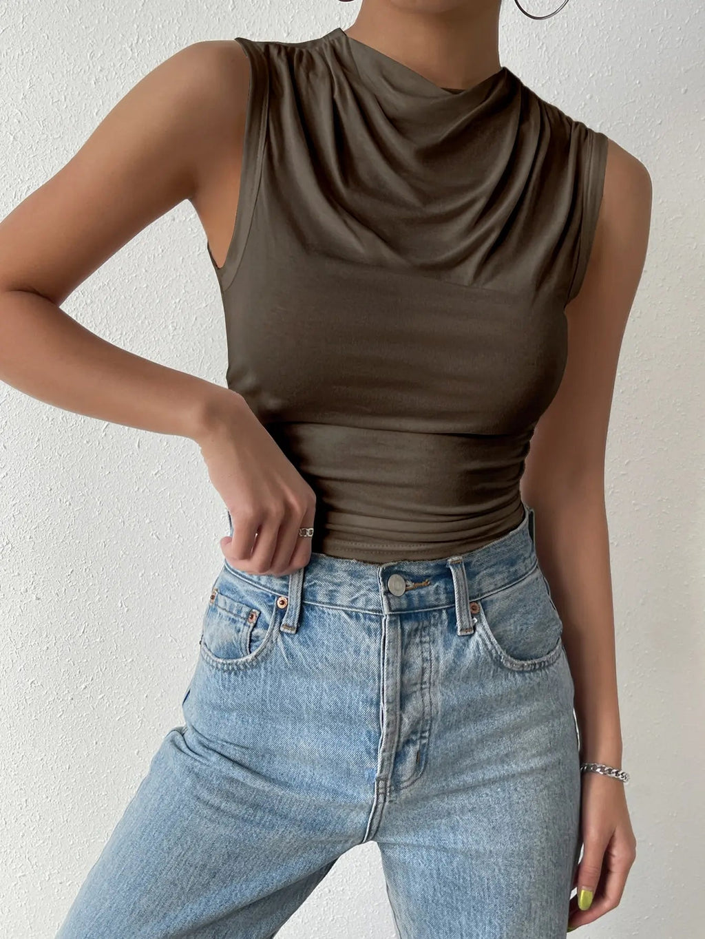 Women's Casual Pleated Design Top Summer Fashion Street Style Solid Color Slim Half High Neck Sleeveless T-Shirt Top Quick Pick Grocers