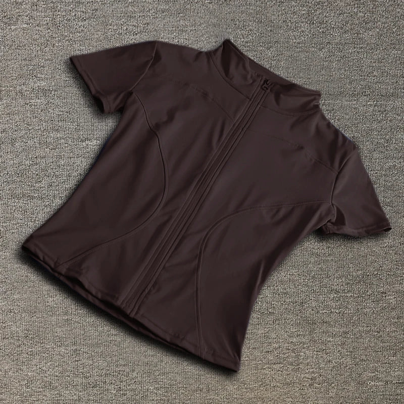 Summer High Quality Waist Slimming Training Tops Women's Quick-drying Tight Stand Collar Full Zipper Short Sleeves Yoga shirts Quick Pick Grocers