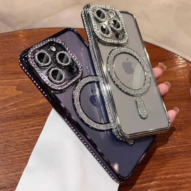 New Fashion Glitter Diamond Transparent Case For iPhone 16 15 14 13 17 12 Pro Max 16 Plus Magnetic Wireless Charge Bumper Cover Econic Blanks