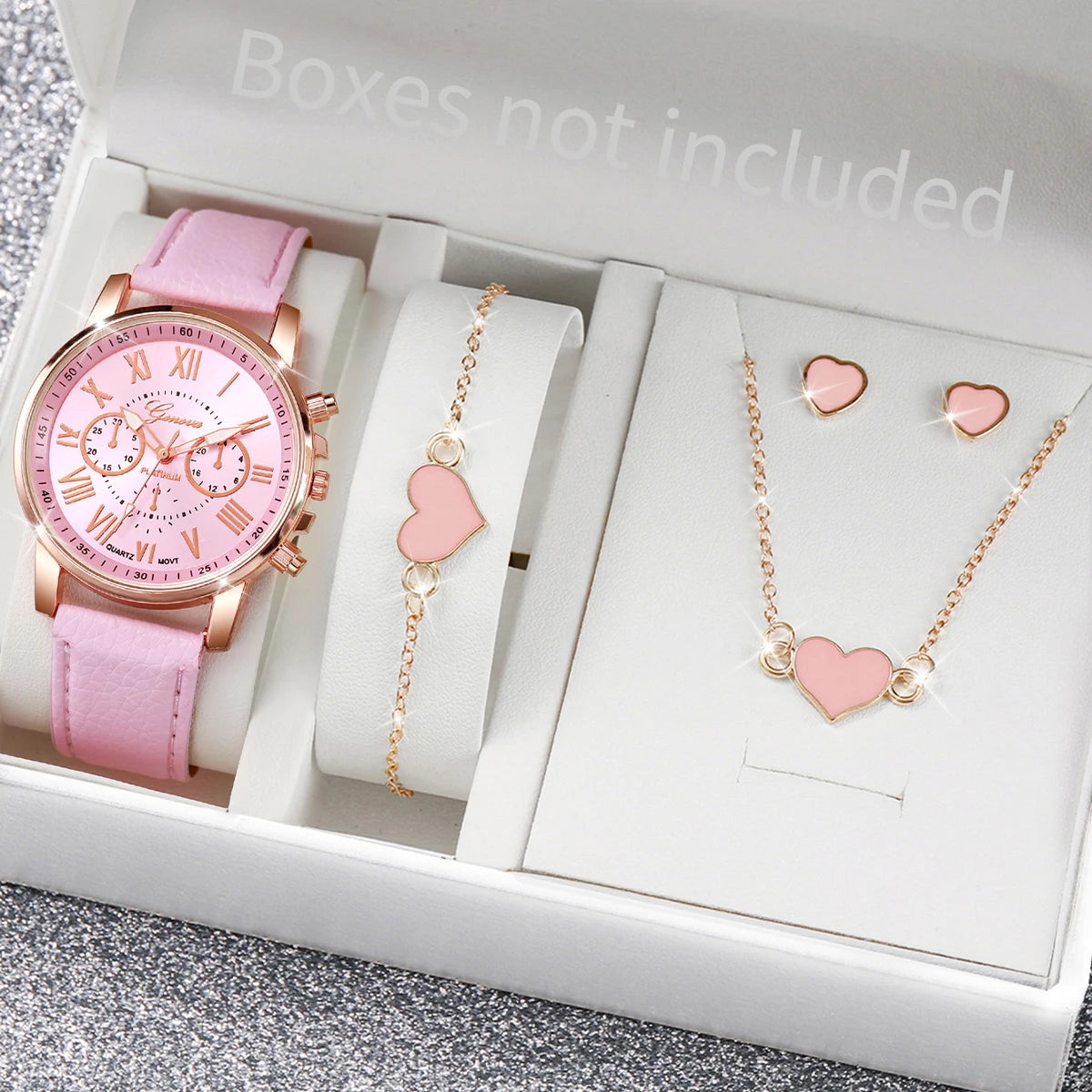 5/6PCS Fashion Women's Quartz Watch Leather Band Analog Wrist Watches Heart Rhinestone Jewelry Set(Without Box) Quick Pick Grocers