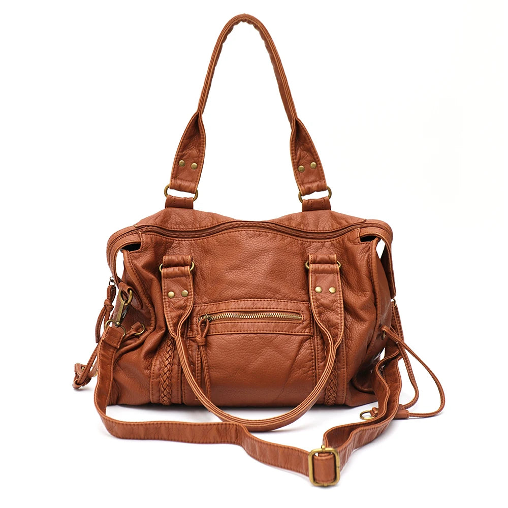 Vintage Washed PU Leather Large Capacity Tote Zip Pockets Braid Decor Shoulder Cross body Bag Unisex Women Daily Travel Handbag Quick Pick Grocers