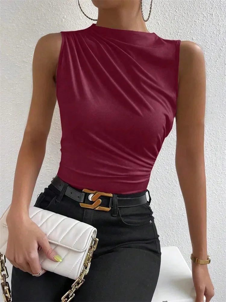 Women's Casual Mock Neck Ruched Tank Top Summer 2024 Solid Color Slim Fit Pleated Sleeveless T Shirt Tee Tshirt Streetwear Quick Pick Grocers