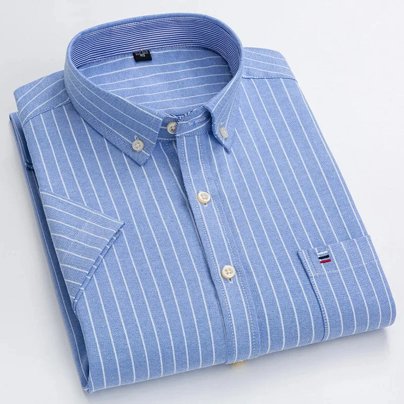 Men's high-quality Oxford cotton short sleeved shirt for summer comfort breathable classic solid color plaid business leisure Quick Pick Grocers