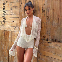 Cryptographic Fashion Halter Draped 3 Piece Sets Beach Outfits Hollow Out Lace Up Bikini Shorts Long Sleeve Co-ords Sets Suits Quick Pick Grocers