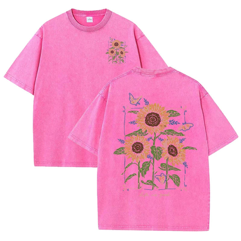 Lift Is Good Beautiful Sunflower Print Washed T Shirts Women Soft Cotton T-Shirt Street Creative Short Sleeve Summer Casual Tops Quick Pick Grocers
