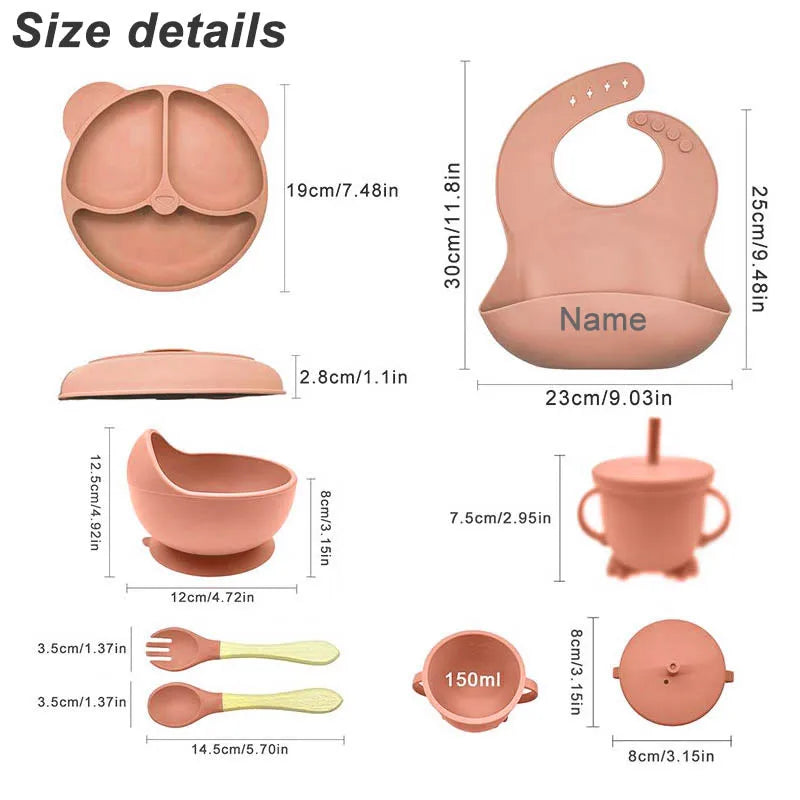 Baby Feeding Plate Sets Suction Bowl Silicone Plate For Kids 6Pcs Children Tableware Personalized Name Dinner Dishes Cups Spoon Purest Peak