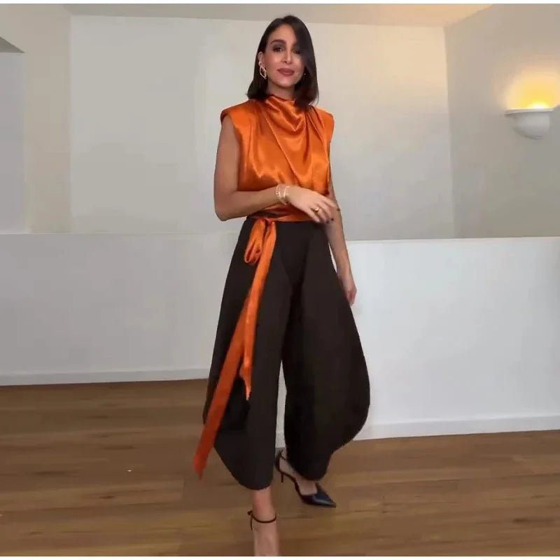Women's Top 2026 Spring New Style Orange Sleeveless Satin Texture Long Ribbon Top Elegant and Stylish Unique Fashion Focus Quick Pick Grocers